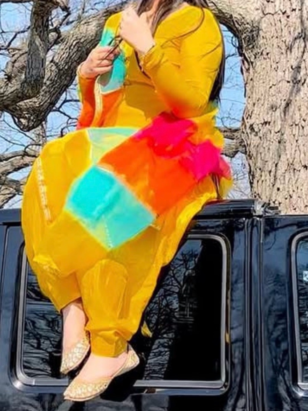 Bright Yellow Women’s Salwar Kameez with Colorblock Scarf